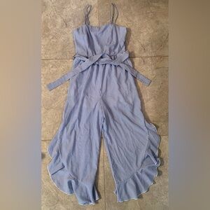 Purple Snow Striped Blue White Jumpsuit with Cropped Ruffle Hem - Size Medium